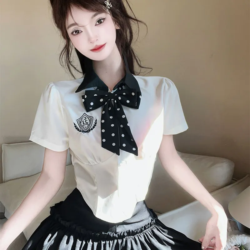 DGMZ Two Piece Skirt Sets Women's White Top Bow Tie+Black Skirt Set-1