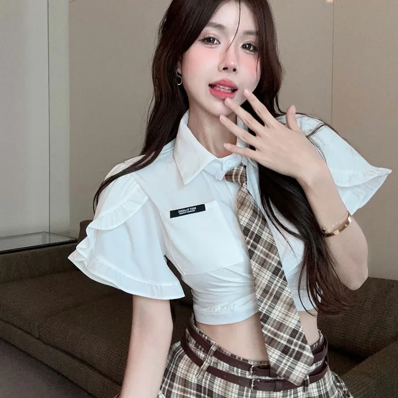 DGMZ Uniforms Women's White Top+Brown Checkered Skirt Set-3
