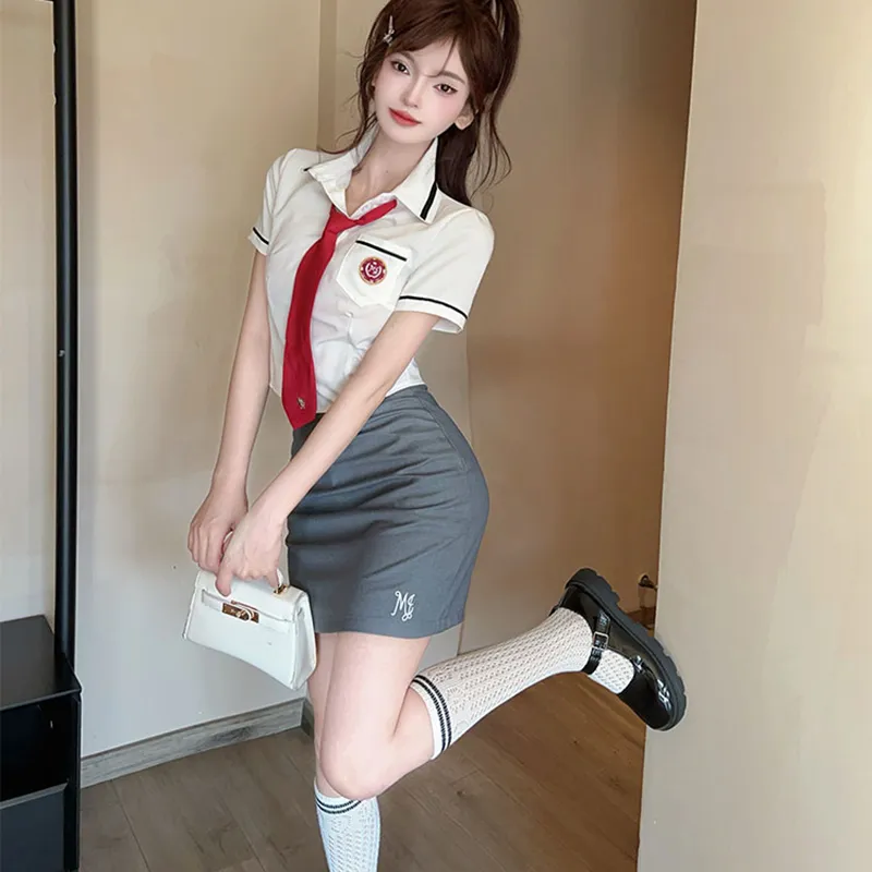 DGMZ Uniforms Women's White Top+Gray Skirt Set-4