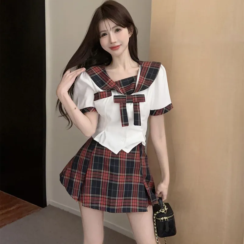 DGMZ Uniforms Women's White Shirt Bow Tie Plaid Skirt Clothing Set-1