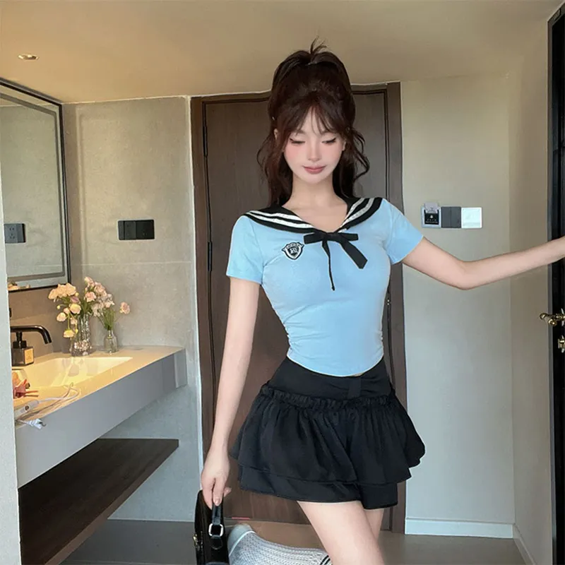 DGMZ Uniforms Women's Blue Top+Bow Tie+Black Skirt Set-4