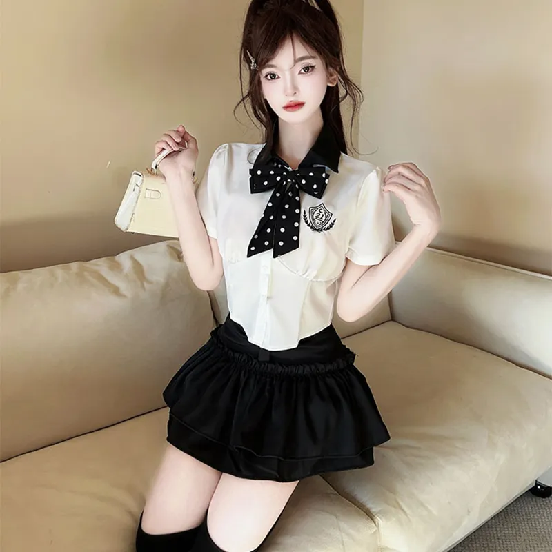 DGMZ Two Piece Skirt Sets Women's White Top Bow Tie+Black Skirt Set-2