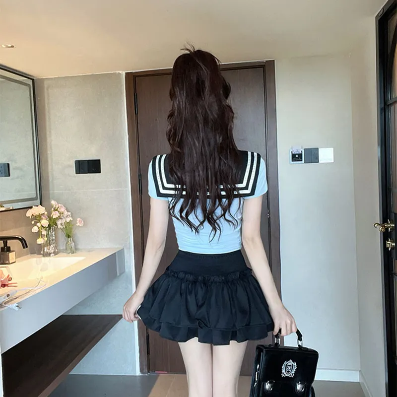 DGMZ Uniforms Women's Blue Top+Bow Tie+Black Skirt Set-6