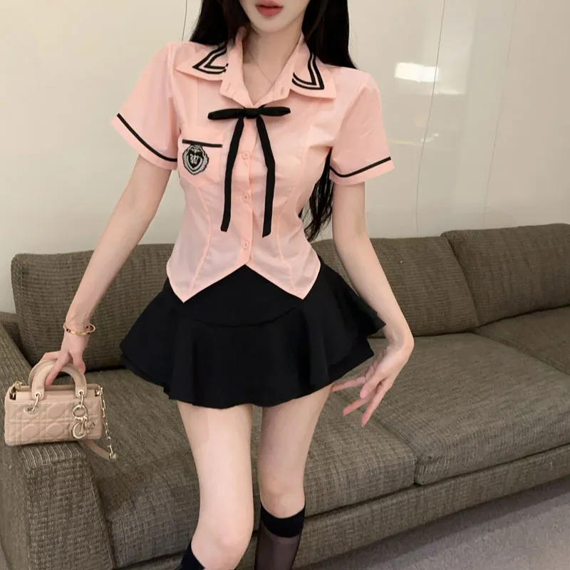 DGMZ Uniforms Women's Pink Top+Black Skirt+Bow Tie Clothing Set-6