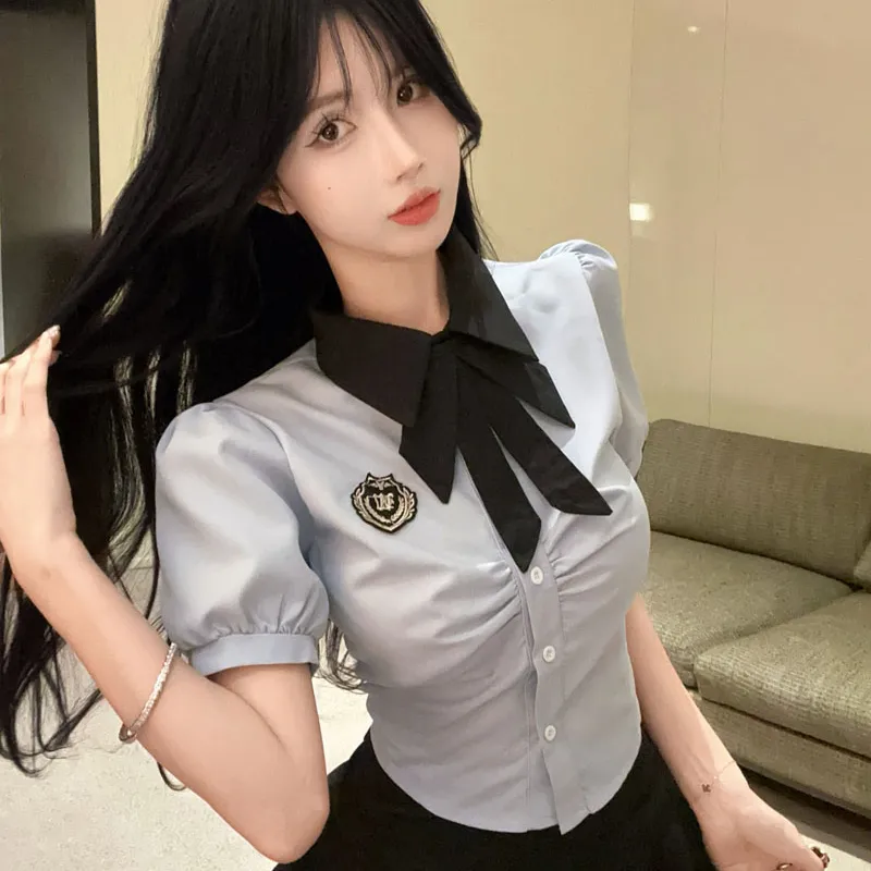 DGMZ Uniforms Women's Blue Top+Black Skirt Bow Tie Set-5