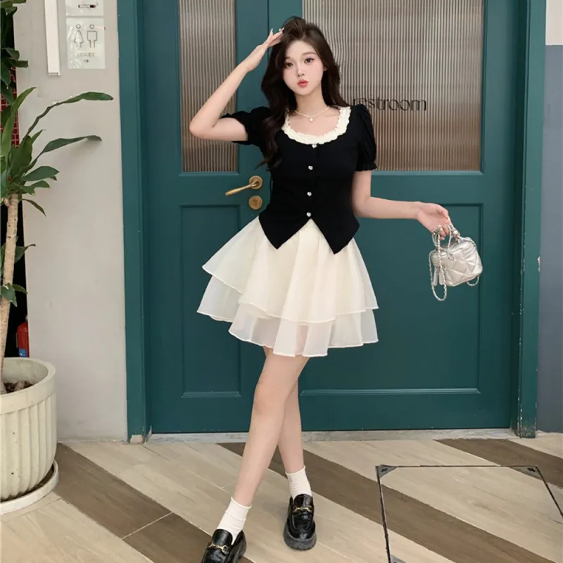 DGMZ Two Piece Skirt Sets Women's Black Top+White Skirt Set-2