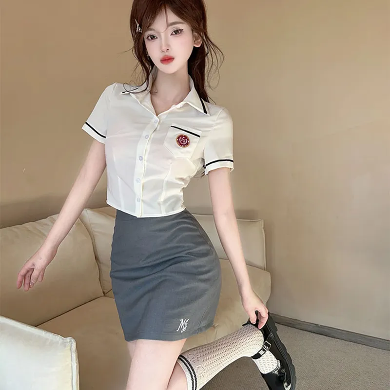 DGMZ Uniforms Women's White Top+Gray Skirt Set-5