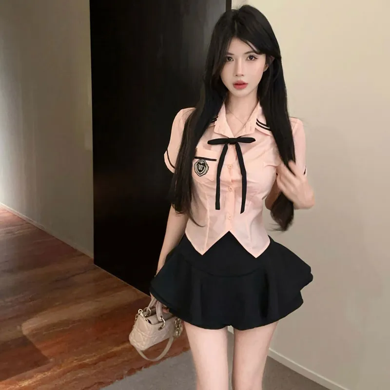 DGMZ Uniforms Women's Pink Top+Black Skirt+Bow Tie Clothing Set-3