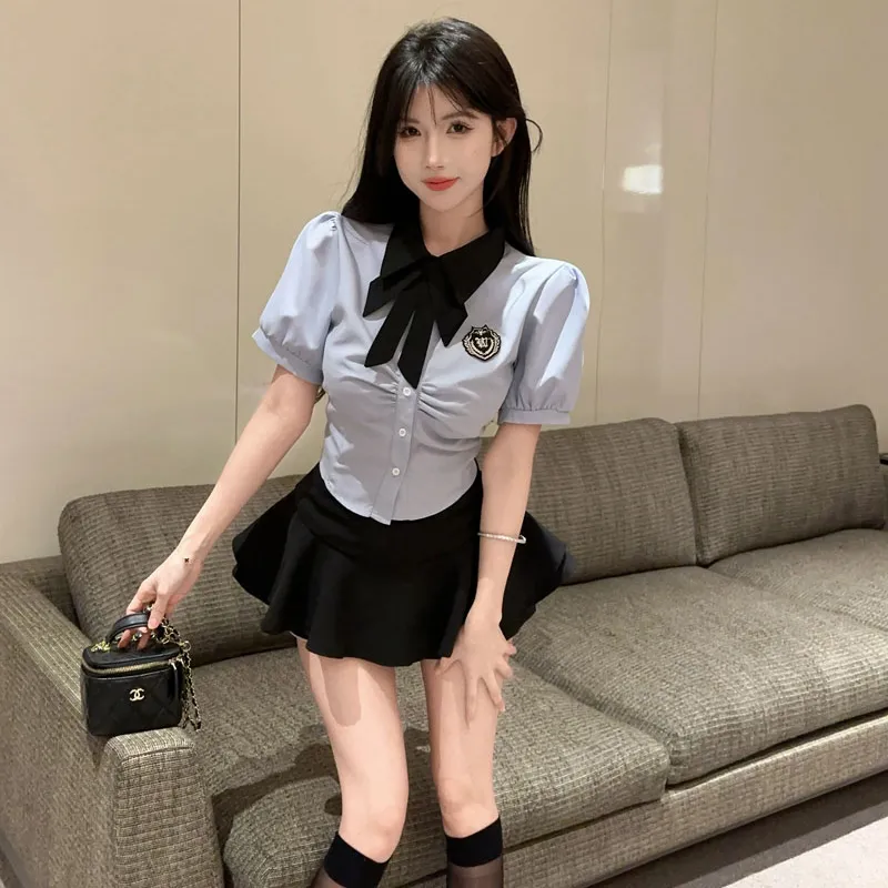 DGMZ Uniforms Women's Blue Top+Black Skirt Bow Tie Set-3