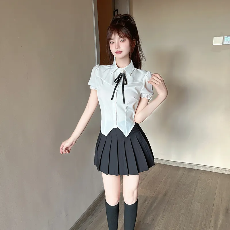 DGMZ Uniforms Women's White Top Bow Tie+Black Skirt Set-5