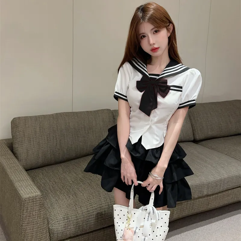 DGMZ Uniform Women's White Shirt Bow Black Skirt Set-5
