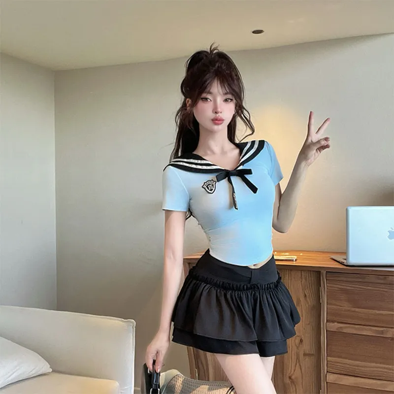 DGMZ Uniforms Women's Blue Top+Bow Tie+Black Skirt Set-3