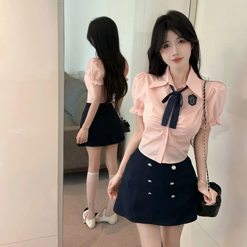 DGMZ Uniforms Women's Pink Top+Blue Skirt With Bow Tie Set-2