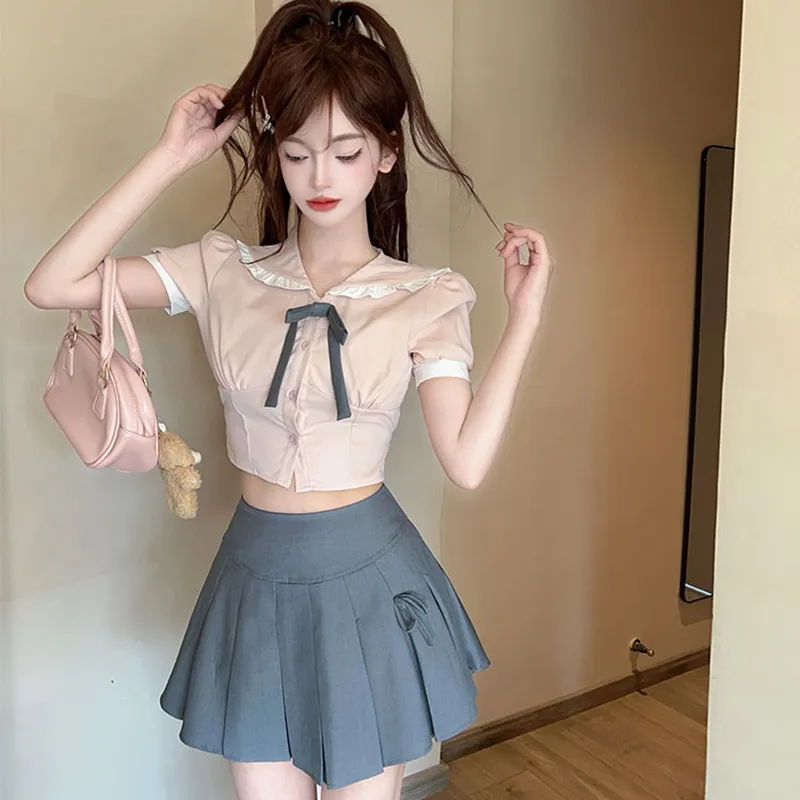 DGMZ Uniforms Women's Pink Top Bow Tie Gray Skirt Set-6