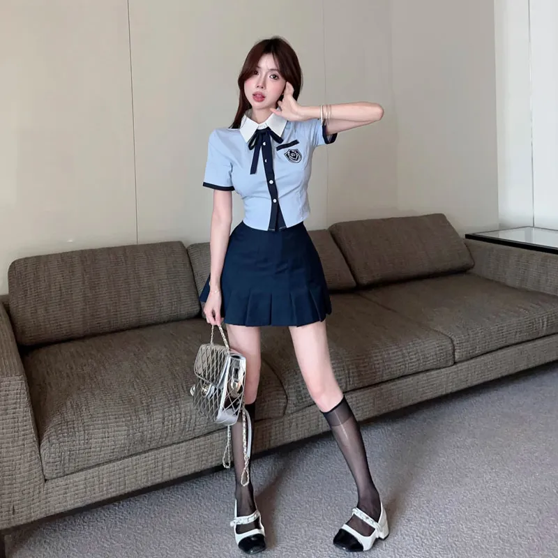 DGMZ Uniforms Women's Blue Top+Blue Skirt Bow Tie Clothing Sets-5