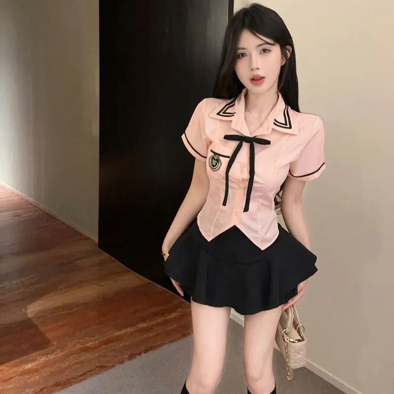 DGMZ Uniforms Women's Pink Top+Black Skirt+Bow Tie Clothing Set-5