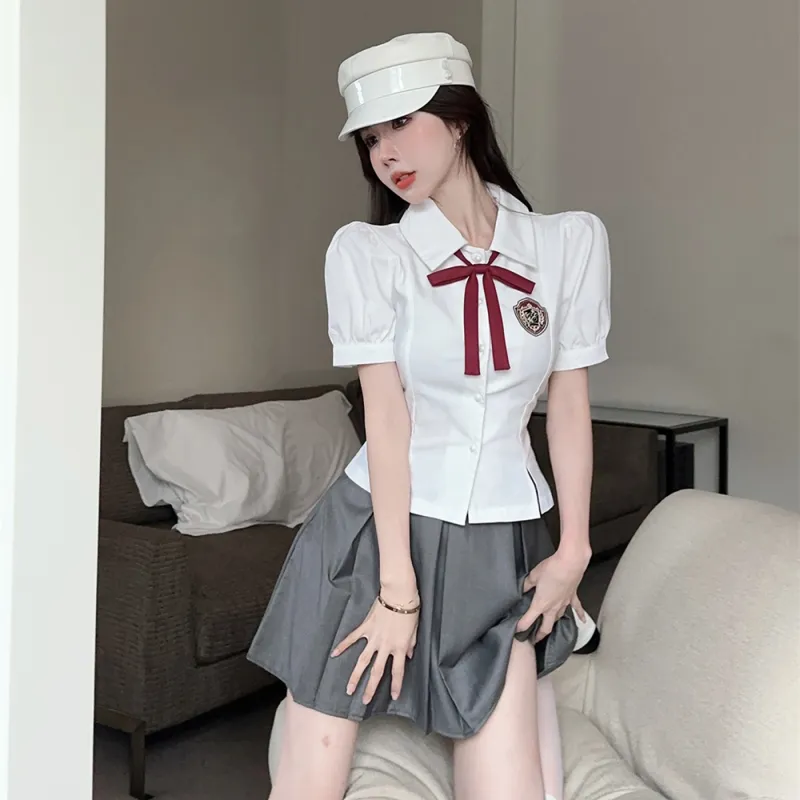 DGMZ Uniform Women's White Shirt Bow Gray Skirt Set-2