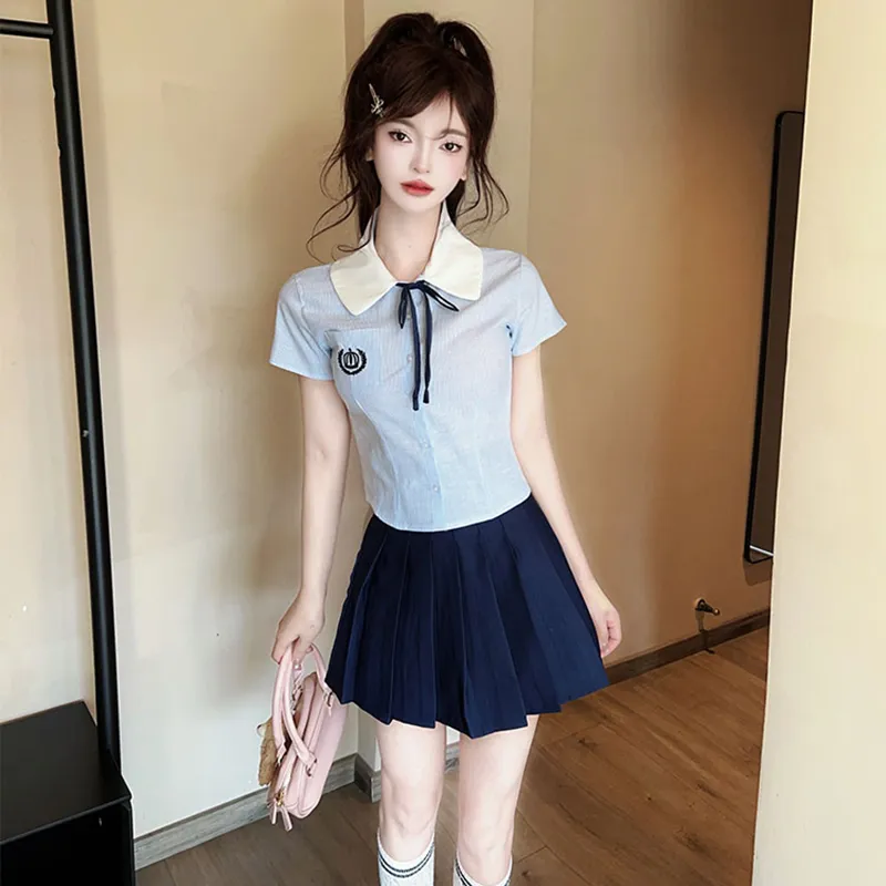 DGMZ Uniforms Women's Blue Top+Bow Tie+Blue Skirt Set-4