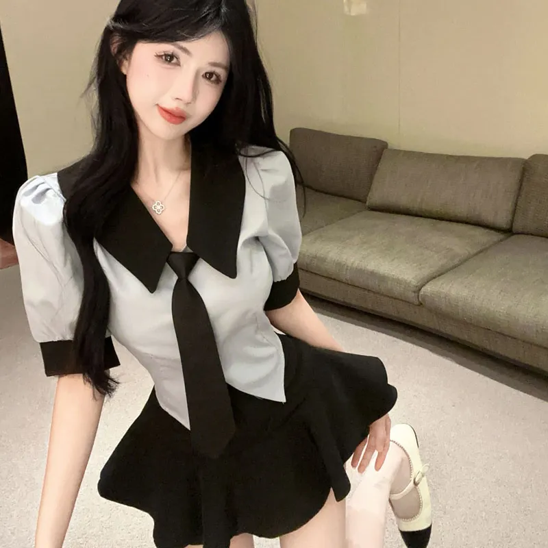 DGMZ Uniforms Women's Blue Top+Black Skirt Tie Clothing Sets-3
