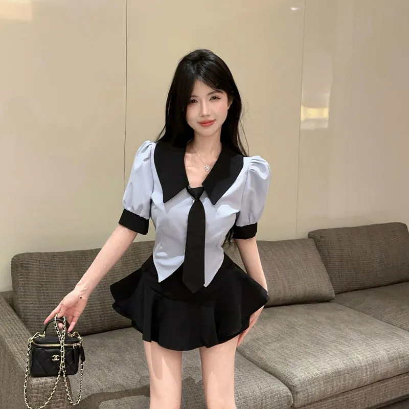 DGMZ Uniforms Women's Blue Top+Black Skirt Tie Clothing Sets-5