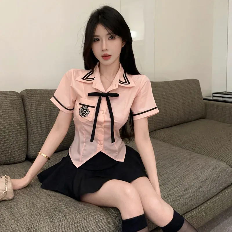 DGMZ Uniforms Women's Pink Top+Black Skirt+Bow Tie Clothing Set-4