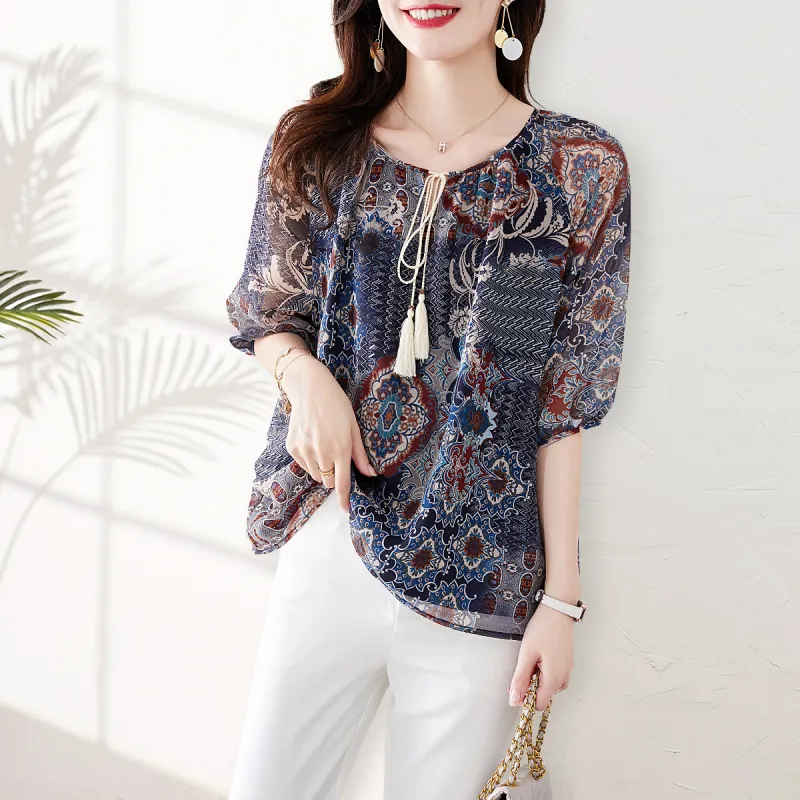 Still Quiet Chiffon Shirt Women's Blue/Multicolor-2