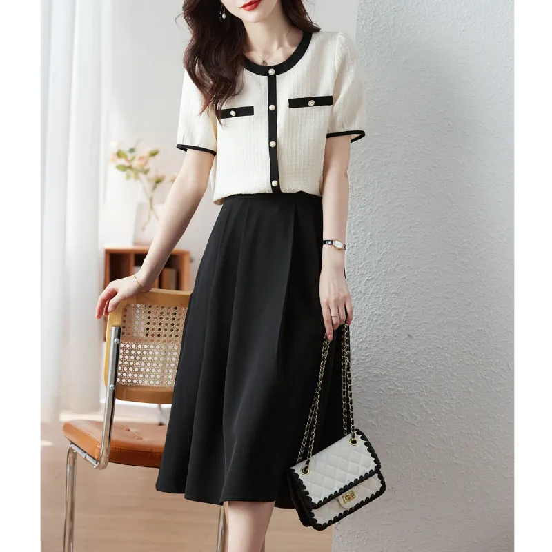 Still quiet Two Piece Skirt Sets Women's Beige+Black-1