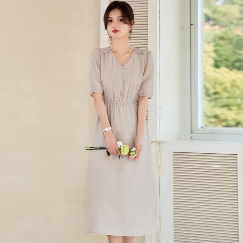 Still Quiet Short Sleeved Dress Women's Light Khaki-4