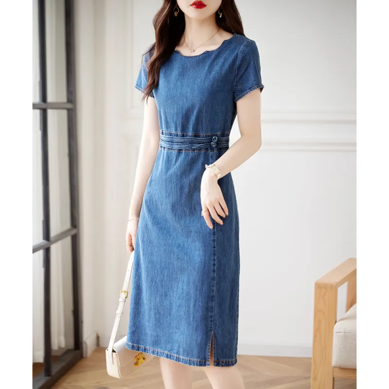 Still Quiet Short Sleeved Dresses Women's Denim Blue-6
