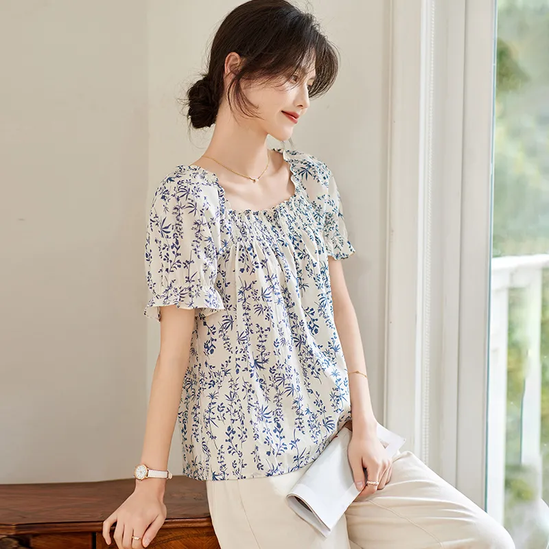 Still quiet T Shirts Women's White+Blue Floral Color-4