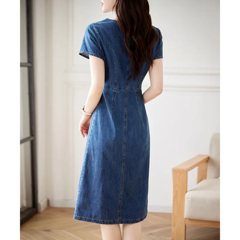 Still Quiet Short Sleeved Dresses Women's Denim Blue-7