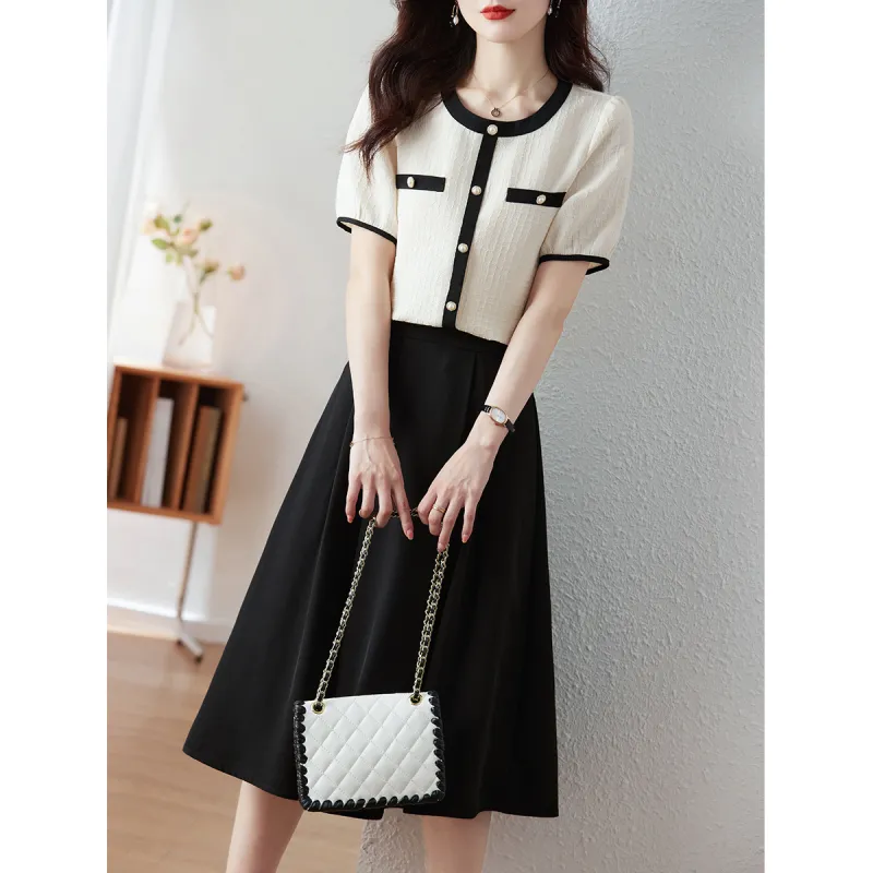 Still quiet Two Piece Skirt Sets Women's Beige+Black-4