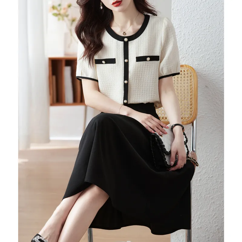 Still quiet Two Piece Skirt Sets Women's Beige+Black-2