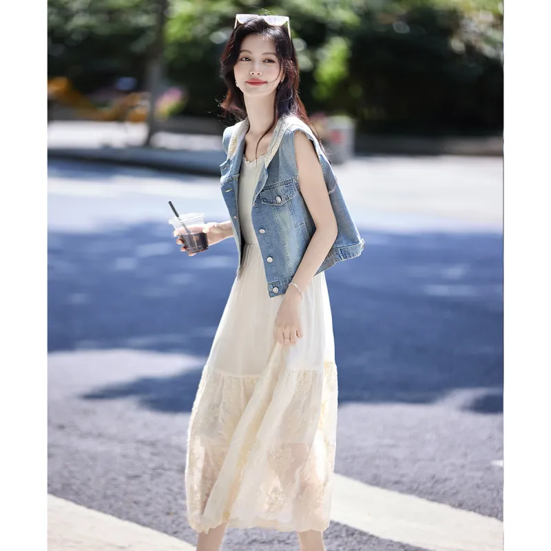 Still quiet Two Piece Skirt Sets Women's Blue+Beige-1