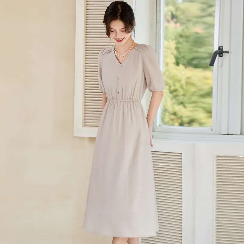 Still Quiet Short Sleeved Dress Women's Light Khaki-5