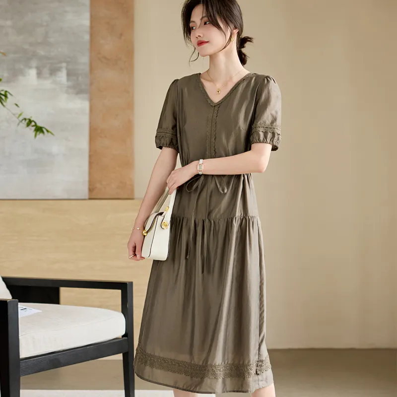 Still Quiet Short Sleeved Dress Women's Coffee Green-3
