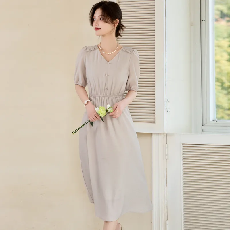 Still Quiet Short Sleeved Dress Women's Light Khaki-7