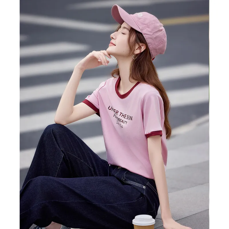 Still Quiet Regular Artsy Style Letter Youthful T Shirt Women's-9