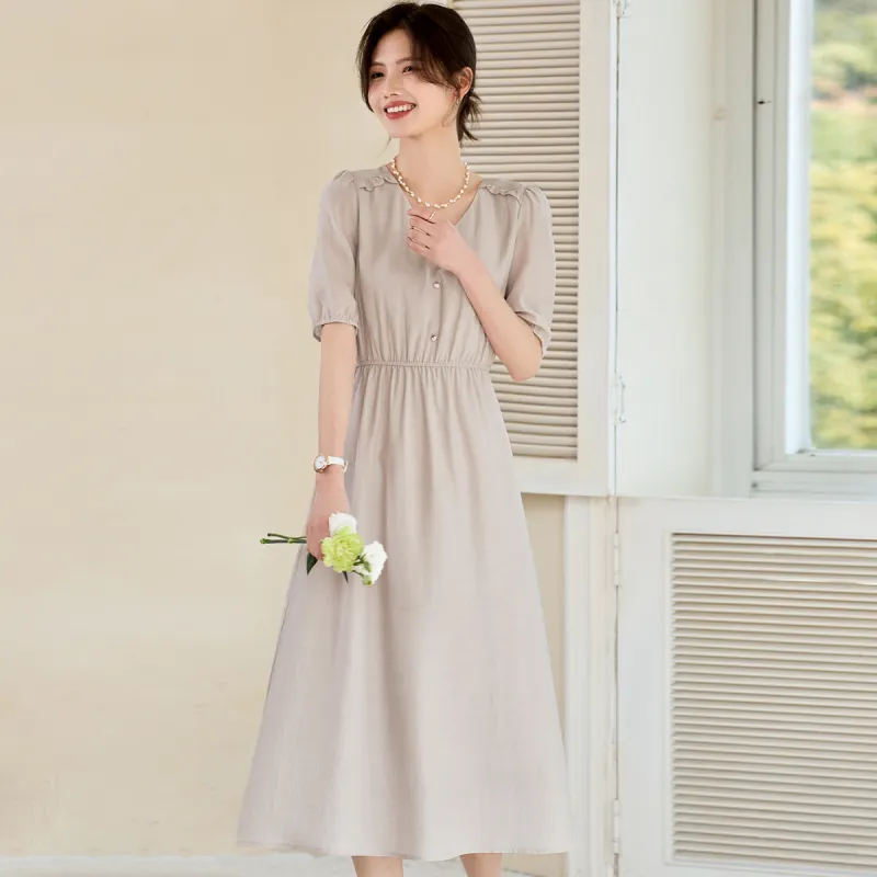 Still Quiet Short Sleeved Dress Women's Light Khaki-2