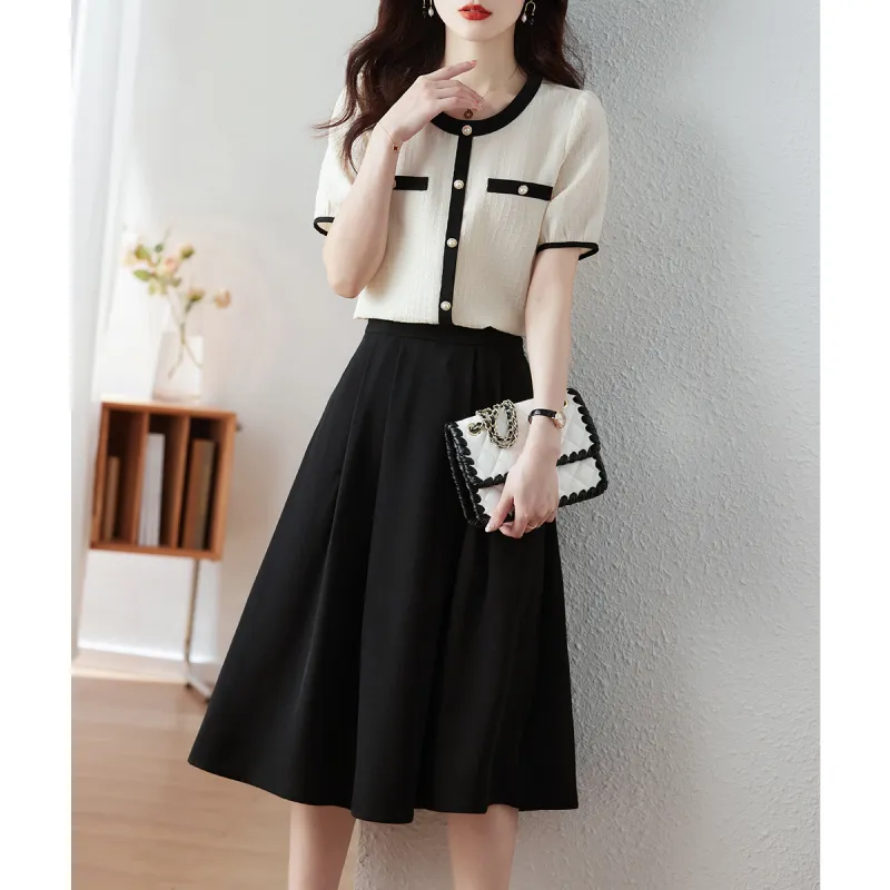 Still quiet Two Piece Skirt Sets Women's Beige+Black-3