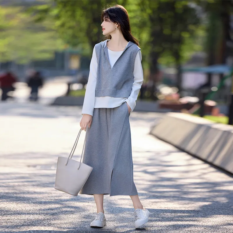 Still Quiet Midi Skirt Set Women's Gray+White-3