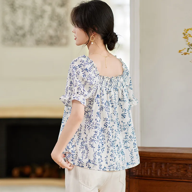 Still quiet T Shirts Women's White+Blue Floral Color-3