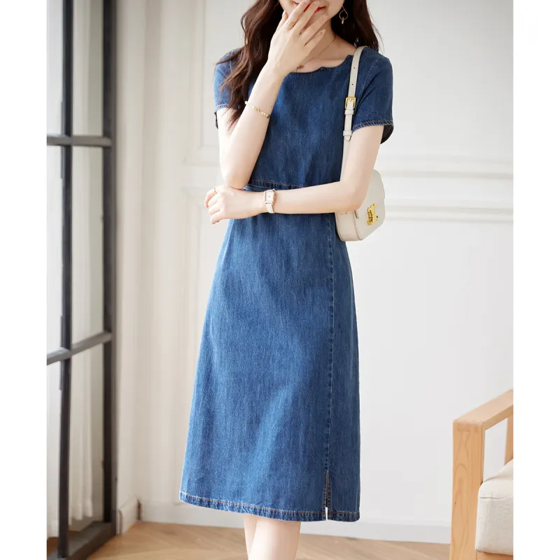 Still Quiet Short Sleeved Dresses Women's Denim Blue-4