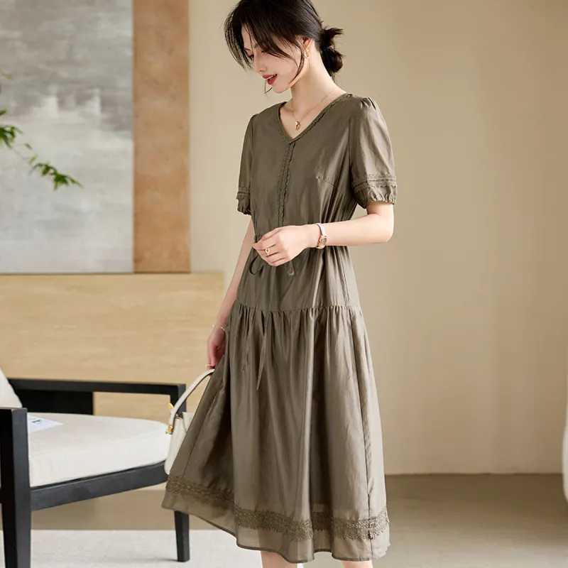 Still Quiet Short Sleeved Dress Women's Coffee Green-4