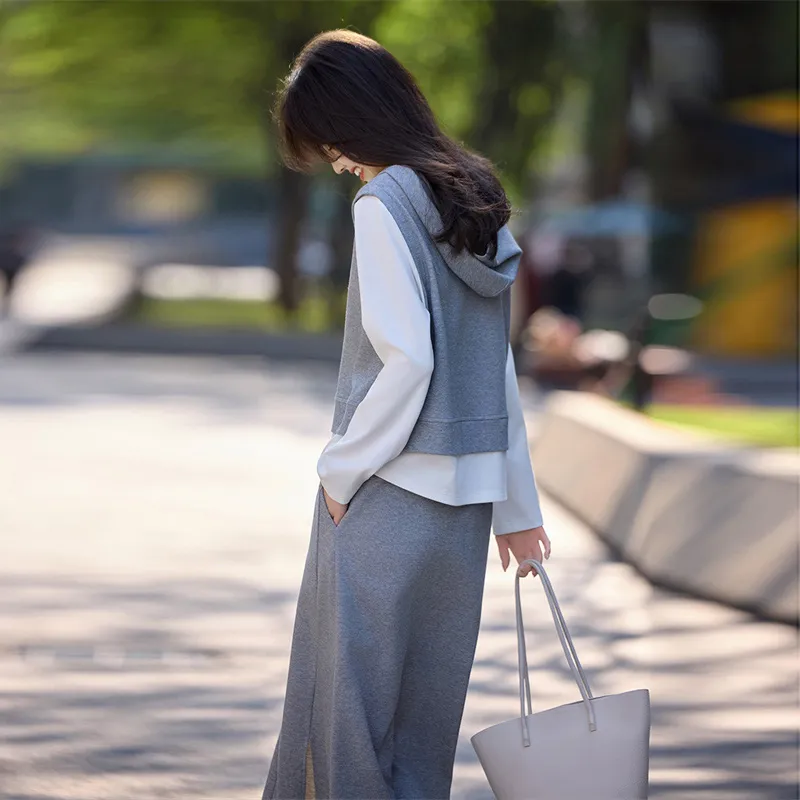 Still Quiet Midi Skirt Set Women's Gray+White-5