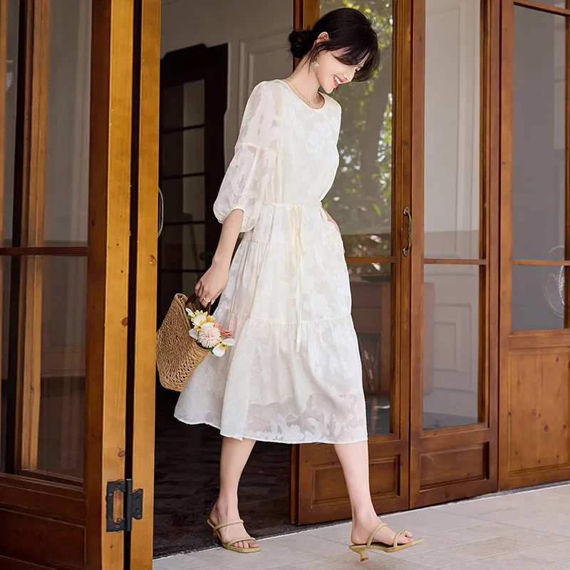 Still Quiet Short Sleeved Dress Women's White-1