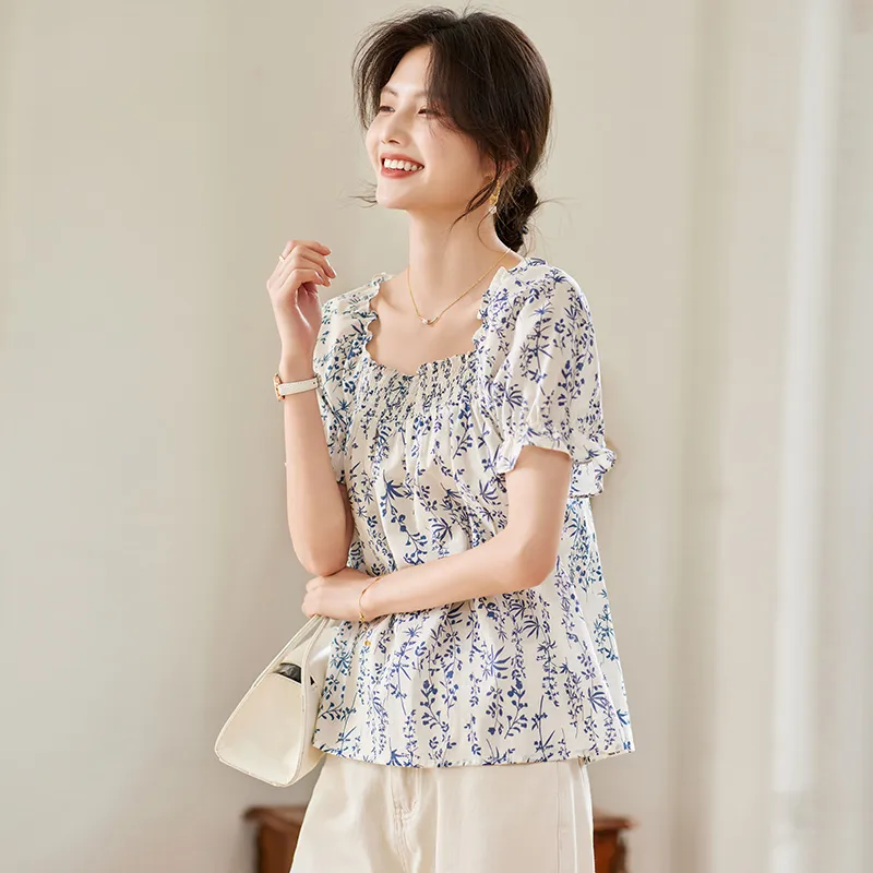 Still quiet T Shirts Women's White+Blue Floral Color-2
