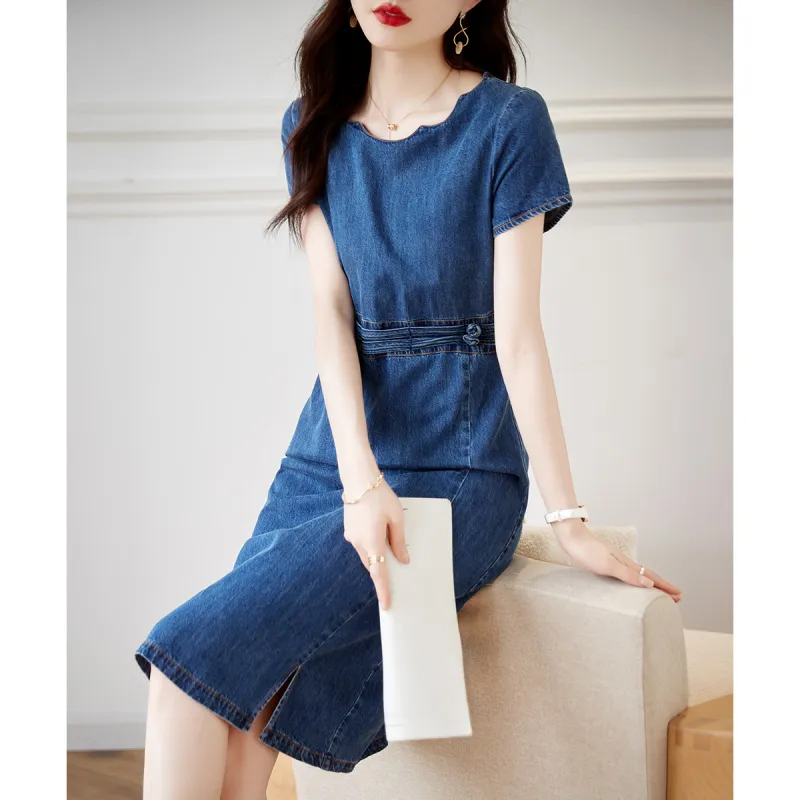 Still Quiet Short Sleeved Dresses Women's Denim Blue-3