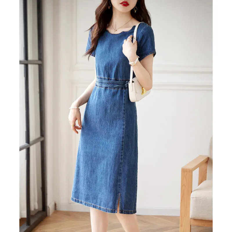 Still Quiet Short Sleeved Dresses Women's Denim Blue-2