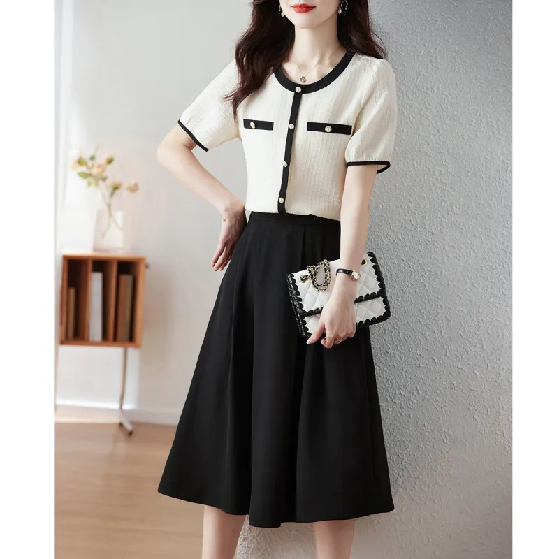 Still quiet Two Piece Skirt Sets Women's Beige+Black-5